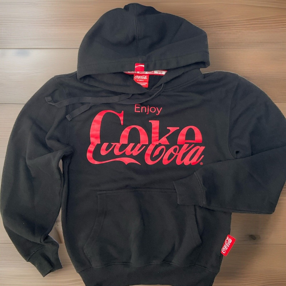 Coca Cola Hoodie Sweatshirt Womens XS Black Official Store Graphic Logo Pullover